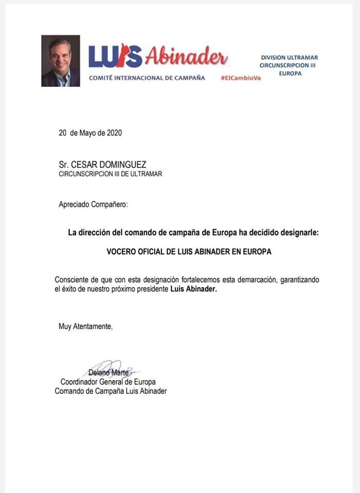 Designan a César Domínguez como vocero oficial de Abinader en Europa 4 Designan a Cesar Designan a César Domínguez como vocero oficial de Abinader en Europa