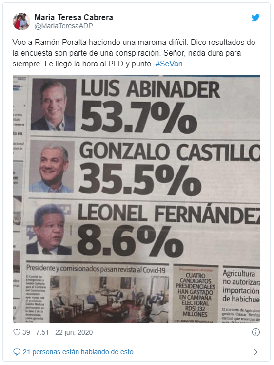 Maria Teresa twitt Tony Raful le responde a Peralta con la Biblia, sobre la encuesta Gallup