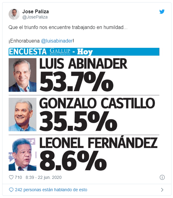 Paliza Twitt «Que el triunfo nos encuentre trabajando con humildad», twittea Presidente PRM