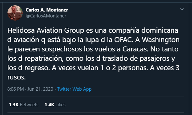 Twitt Carlos A. Montaner Carlos Gabriel califica de muy grave investigación de Estados Unidos a la empresa Helidosa de Gonzalo Castillo