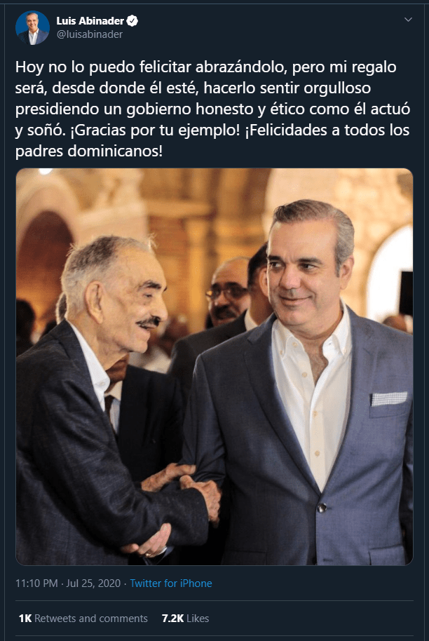 Abinader twitt Abinader promete gobierno honesto y ético para honrar a su fallecido padre