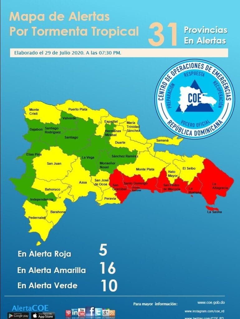 Alerta 31 provincias Isaías impactará Dominicana hoy a las 8:00 de la mañana; seis provincias están en alerta roja