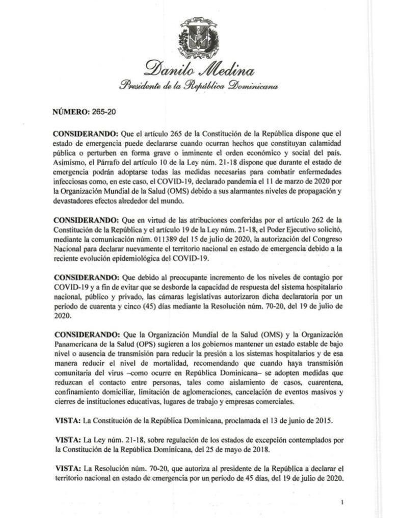 Decreto 265 20 1 1 Danilo Medina decreta el estado de emergencia por 45 días por Covid-19