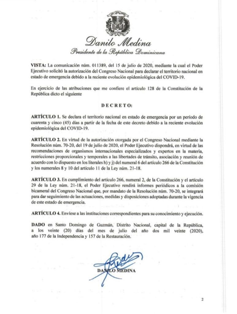 Decreto 265 20 2 1 Danilo Medina decreta el estado de emergencia por 45 días por Covid-19