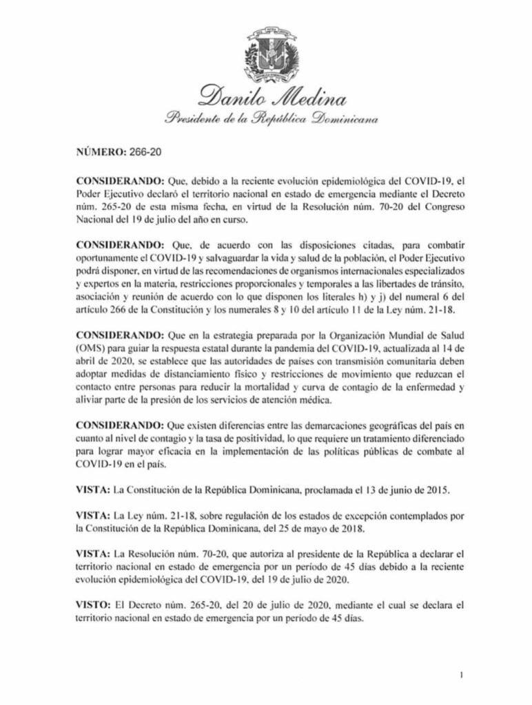 Decreto 266 20 1 Presidente decreta toque de queda que inicia este martes de 7 pm a 5 am