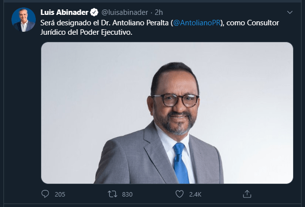 Designan Antoliano Peralta Nuevas designaciones: Antoliano Peralta, Consultor Jurídico; y Antonio Almonte, en Energía y Minas