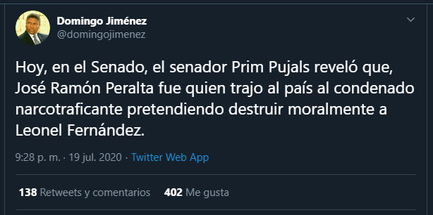 Domingo twitt Senador Prim Pujals revela que fue Peralta quien trajo a Quirino para desacreditar a Leonel Fernández