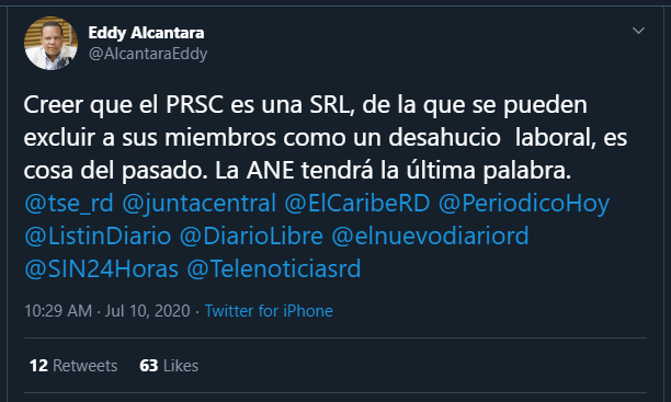Eddy Alcantara twitt Eddy Alcántara reacciona a su expulsión junto a otros miembros del PRSC por apoyar a otros partidos