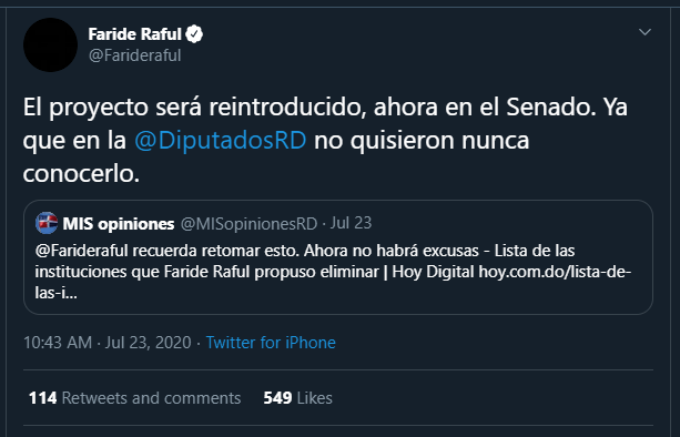 Faride twitt Faride Raful confirma reintroducirá proyecto eliminación de instituciones