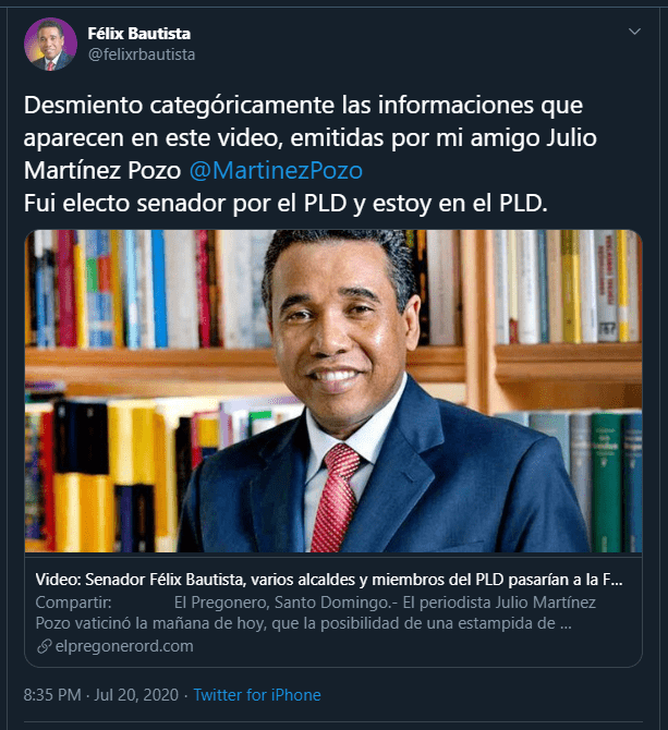 Felix twitt Senador Félix Bautista aclara no se irá del PLD para la Fuerza del Pueblo