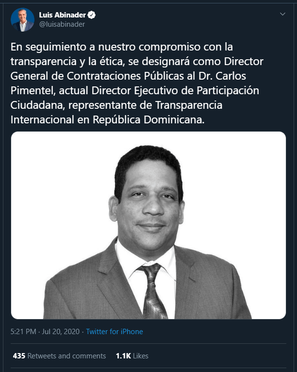Luis twitt Contrataciones Abinader designa a Carlos Pimentel Director de Contrataciones Públicas