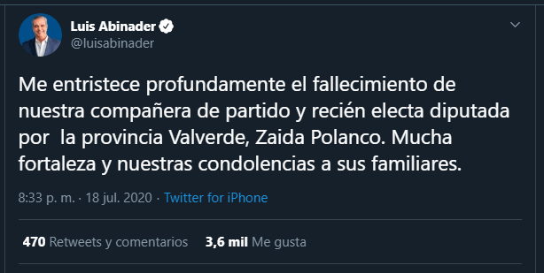Luis twitt Zaida Luis Abinader lamenta fallecimiento de la diputada electa Zaida Polanco