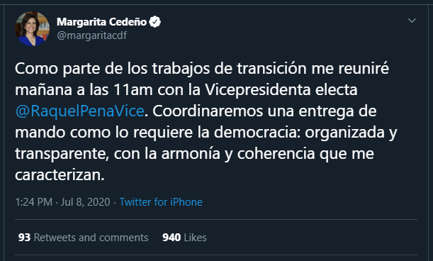 Margarita twitt Margarita Cedeño recibe hoy a la vicepresidenta electa Raquel Peña para el traspaso de mando