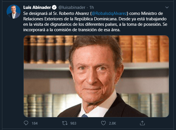 Nombran a Roberto Alvarez Abinader designa a Roberto Álvarez como canciller de la República