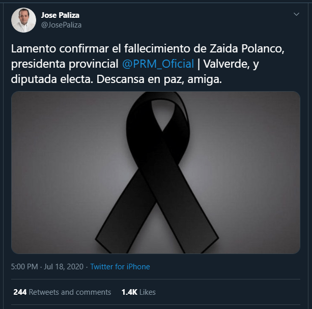 Paliza twitt Zaida Luis Abinader lamenta fallecimiento de la diputada electa Zaida Polanco