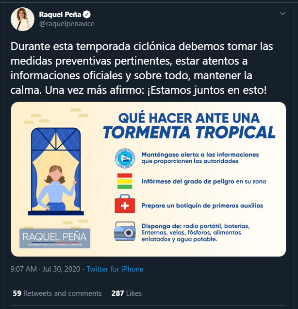 Raquel twitt 02 Raquel Peña pide mantener la calma ante paso de tormenta Isaías por RD