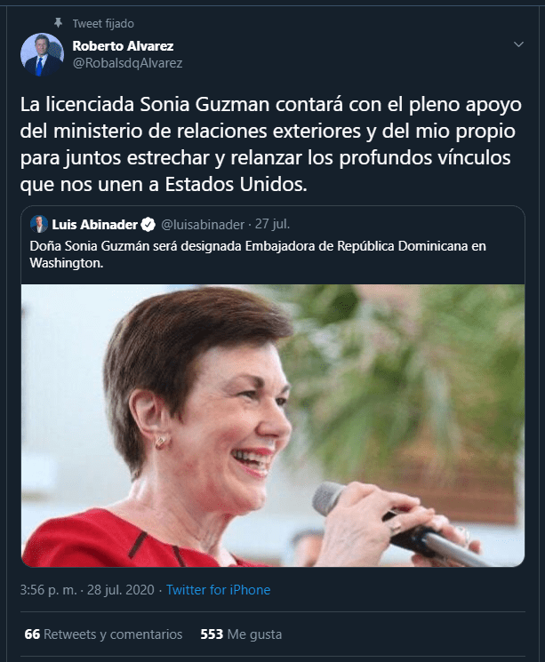 Roberto twitt Gobierno de Abinader relanzará y estrechará nexos con Estados Unidos