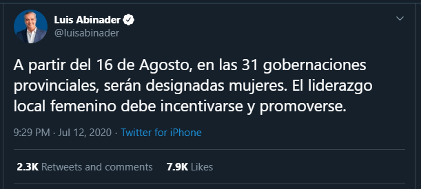 Tuitt mujeres Luis Abinader designará mujeres en todas las gobernaciones provinciales