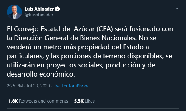 Twitt CEA Luis Abinader: no se venderán más terrenos del CEA; será fusionado con Bienes Nacionales