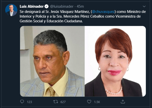 Twitt Chu Jesús -Chu- Vásquez será Ministro de Interior y Policía, y Mercedes Pérez Viceministra de Gestión Social