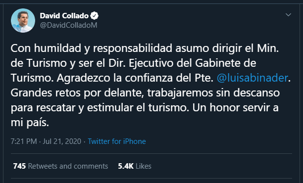 Twitt Collado Collado agradece a Abinader por su designación como ministro de Turismo