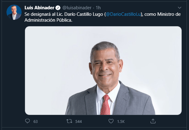Twitt Dario Castillo Abinader designará a Darío Castillo Ministro de Administración Pública