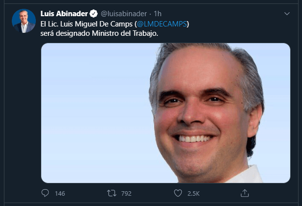 Twitt Decamps Luis Abinader anuncia Ministro de Trabajo, Embajadora en Washington y Director Servicio Nacional de Salud