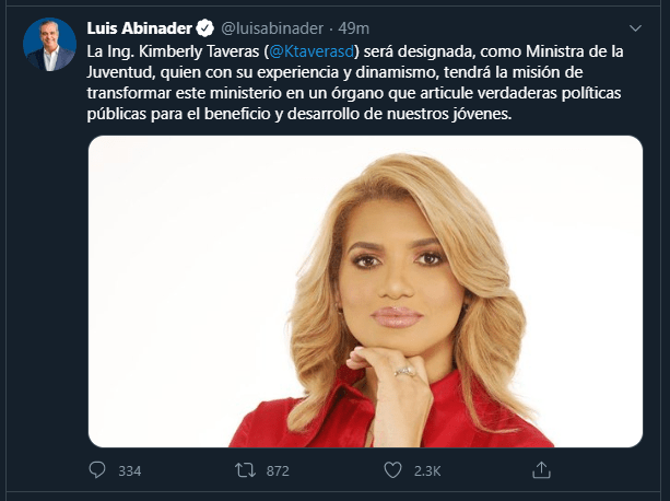 Twitt Kimberly Luis Abinader anuncia a Kimberly Taveras como Ministra de la Juventud