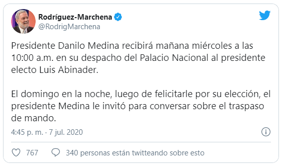 Presidente Medina y Luis Abinader se reunirán hoy en el Palacio Nacional 3 Twitt Marchena Presidente Medina y Luis Abinader se reunirán hoy en el Palacio Nacional