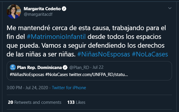 Twitt Margarita matrimonio infantil Margarita Cedeño manifiesta seguirá luchando contra matrimonio infantil