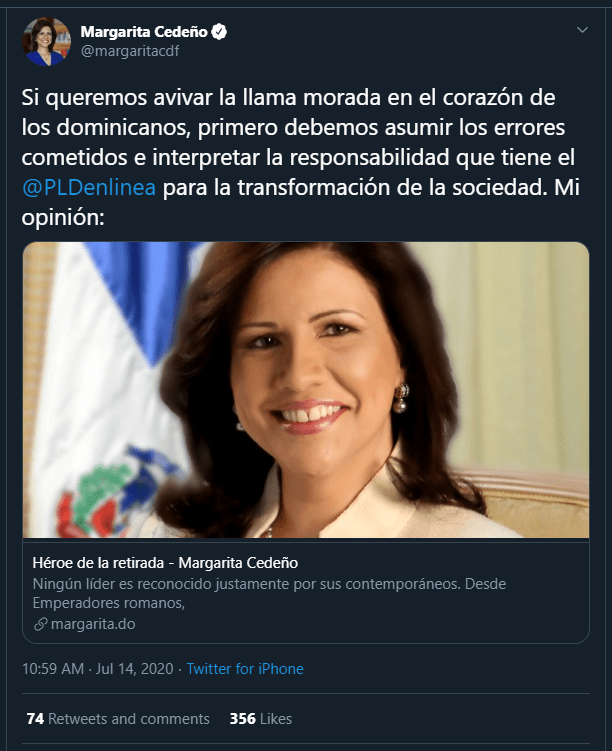 Twitt Margarita Margarita: PLD necesita líderes que reciban con humildad el reproche y escuche las descalificaciones