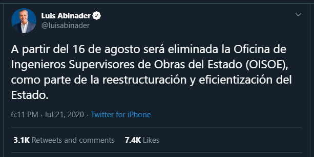 Twitt Oisoe Luis Abinader eliminará la OISOE en su plan de eficientizar el Estado