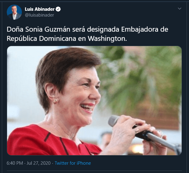 Twitt Sonia Luis Abinader anuncia Ministro de Trabajo, Embajadora en Washington y Director Servicio Nacional de Salud