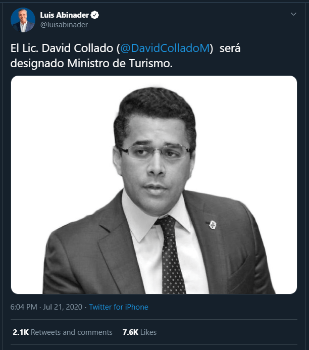 Twitt desingan a Collado Collado agradece a Abinader por su designación como ministro de Turismo