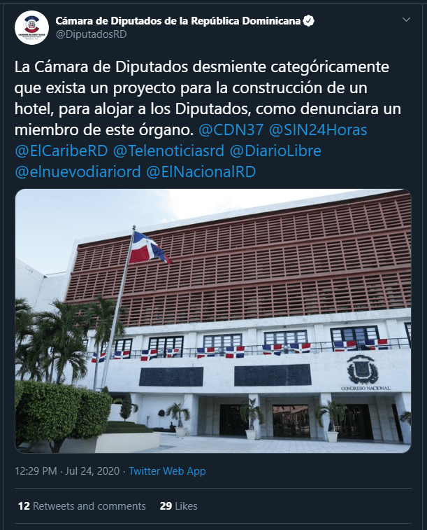 Twitt diputados Video | Cámara Baja desmiente se construya hotel; Radhamés Camacho ni lo niega ni lo afirma