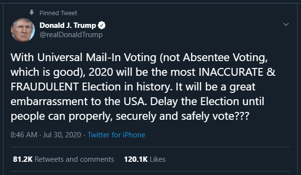 Twitt trump Donald Trump plantea retrasar las elecciones en Estados Unidos