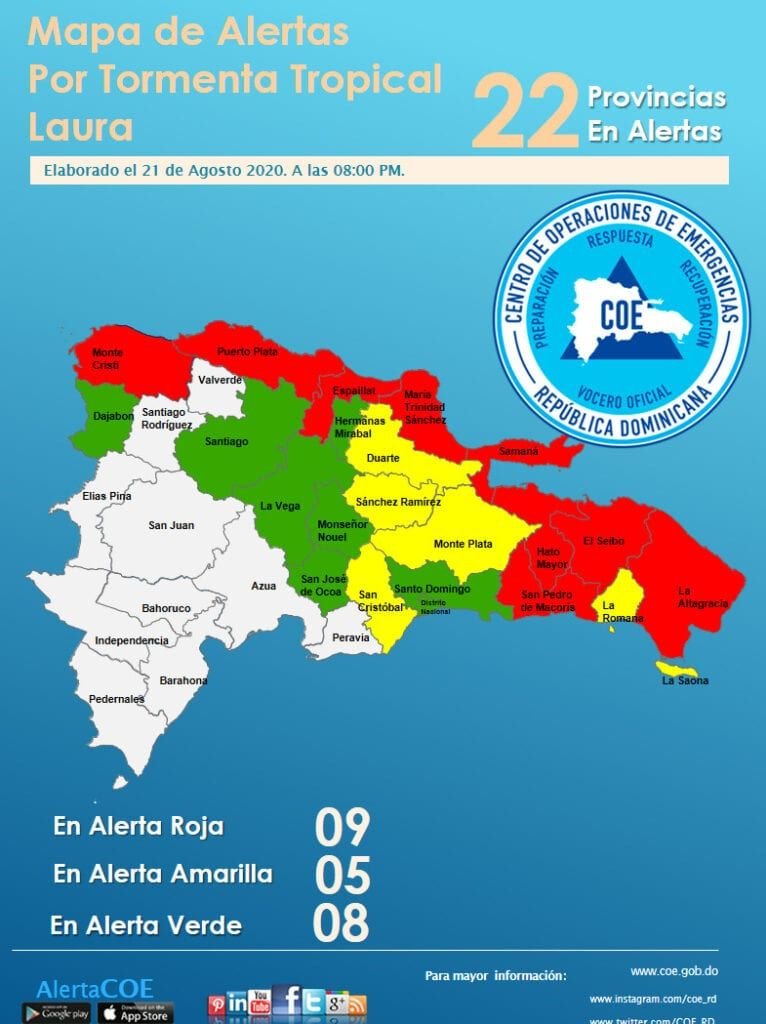 COE Laura Luis Abinader dispone plan de emergencia por tormenta Laura; 22 provincias en alerta