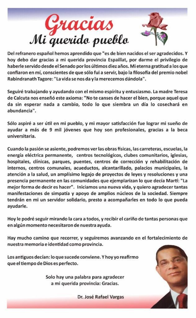 Senador José Rafael Vargas: seguiré ayudando con el mismo entusiasmo 3 Carta Jose Rafael Vargas Senador José Rafael Vargas: seguiré ayudando con el mismo entusiasmo
