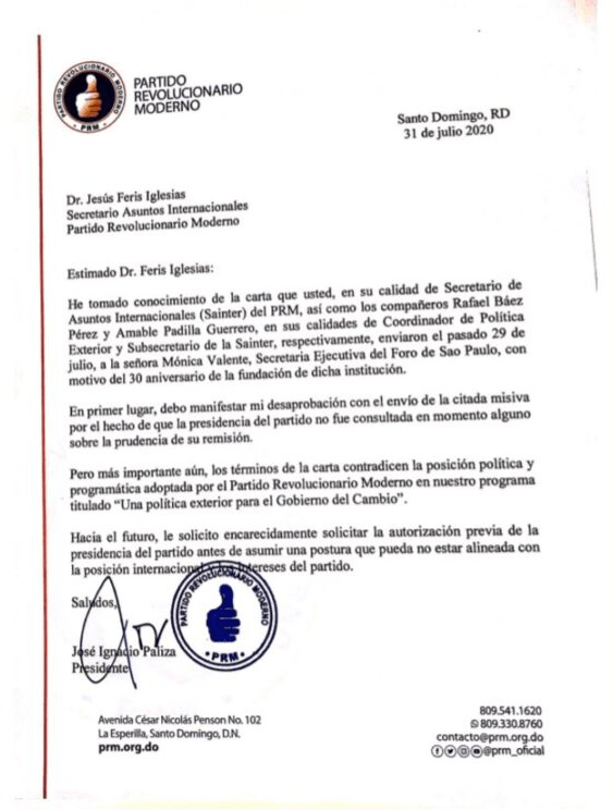 Carta Paliza Paliza reprocha envío carta a Foro de Sao Paulo; Feris Iglesias le responde