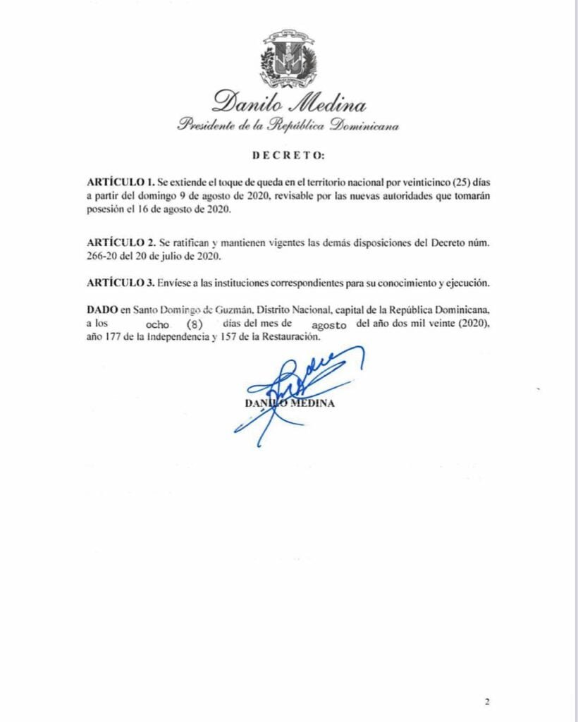 Decreto 298 20 2 Danilo Medina extiende el toque de queda en todo el país por 25 días más