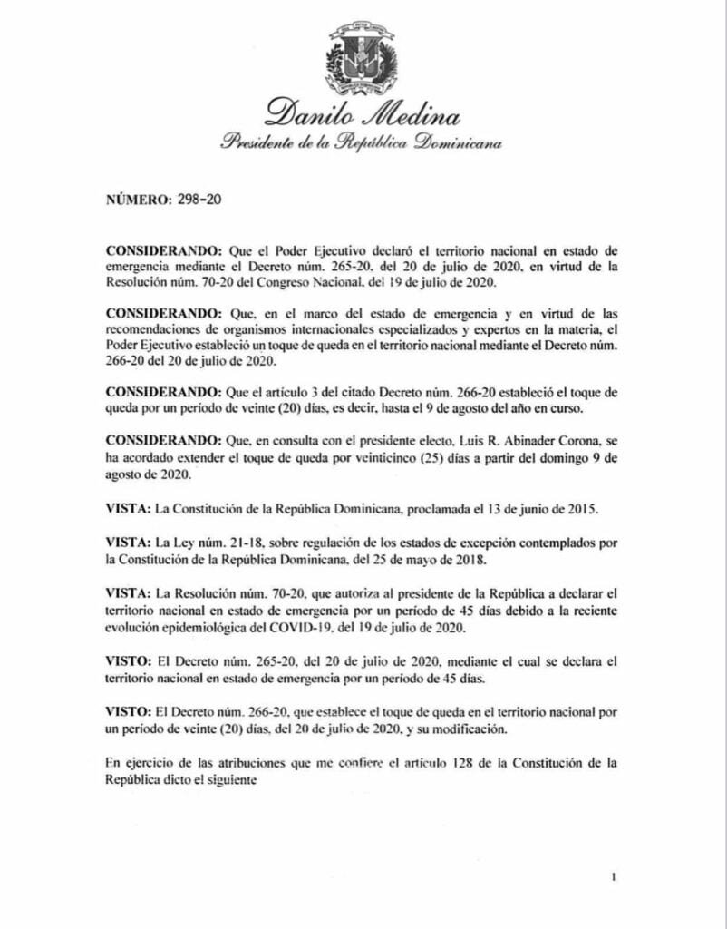 Decreto 298 90 1 Danilo Medina extiende el toque de queda en todo el país por 25 días más