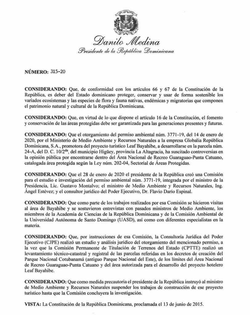 Decreto 315 20 1 Danilo instruye revocar permiso a proyecto hotelero en Bayahíbe