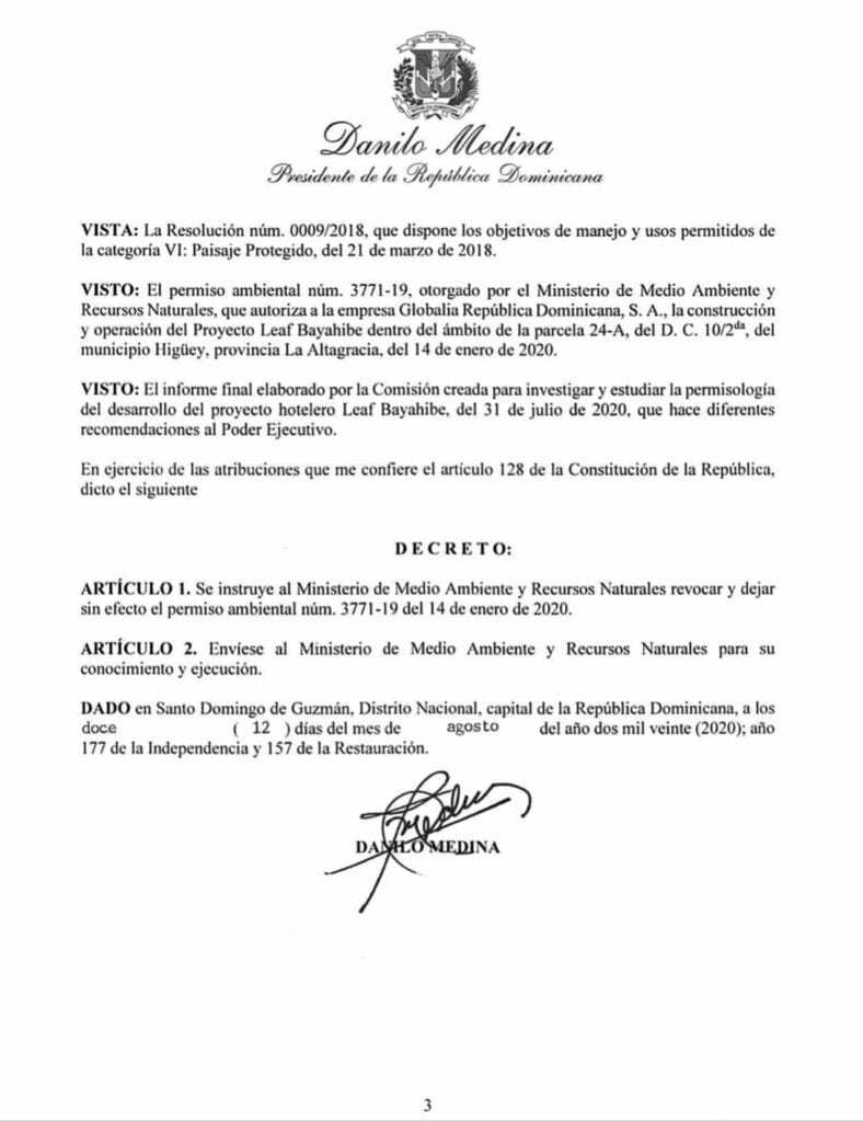 Decreto 315 20 3 Danilo instruye revocar permiso a proyecto hotelero en Bayahíbe