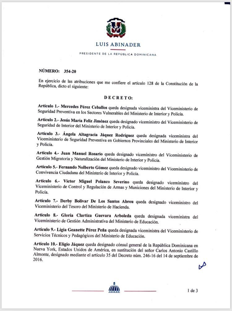 Abinader designa a Eligio Jáquez Cónsul General en Nueva York 3 Decreto 354 20 1 Abinader designa a Eligio Jáquez Cónsul General en Nueva York