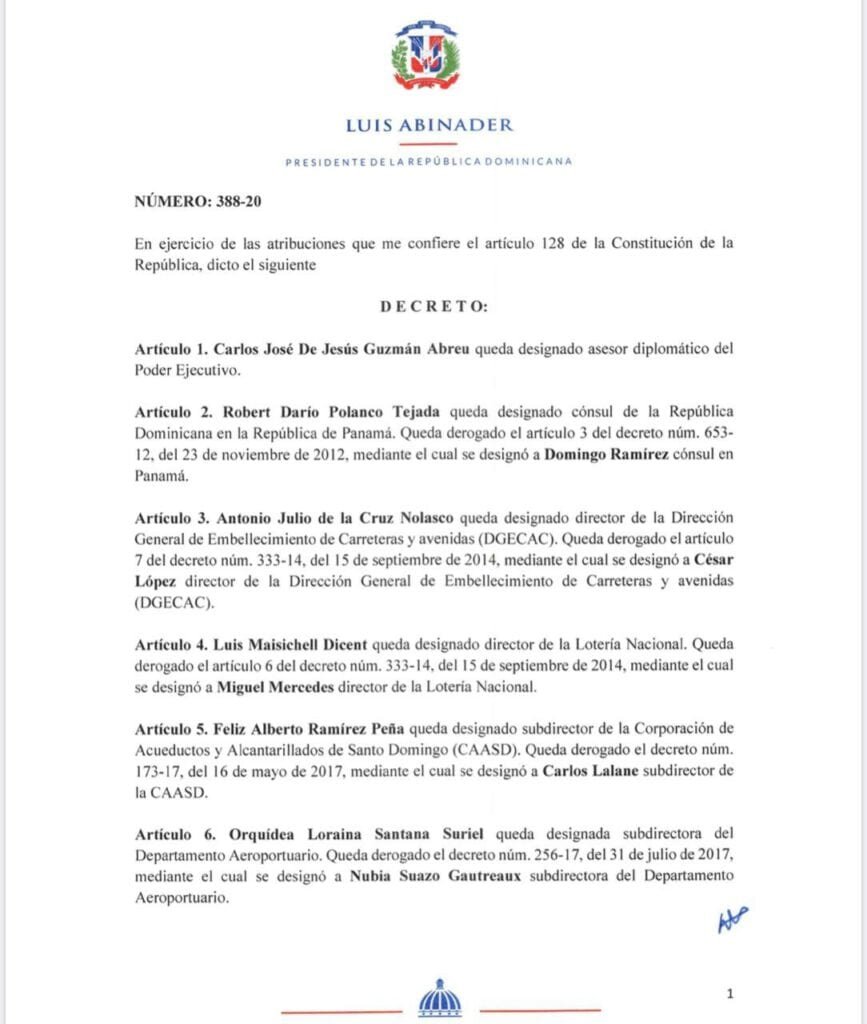 Decreto 388 20 1 Presidente Luis Abinader designa a 19 nuevos funcionarios