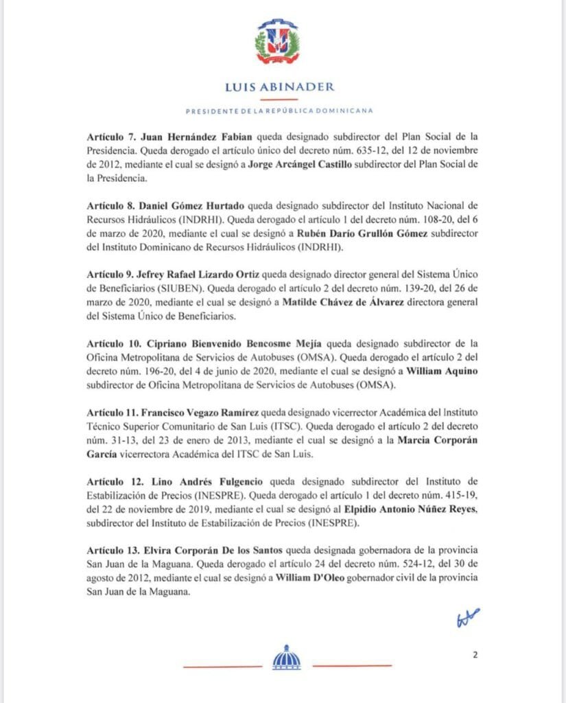 Decreto 388 20 2 Presidente Luis Abinader designa a 19 nuevos funcionarios
