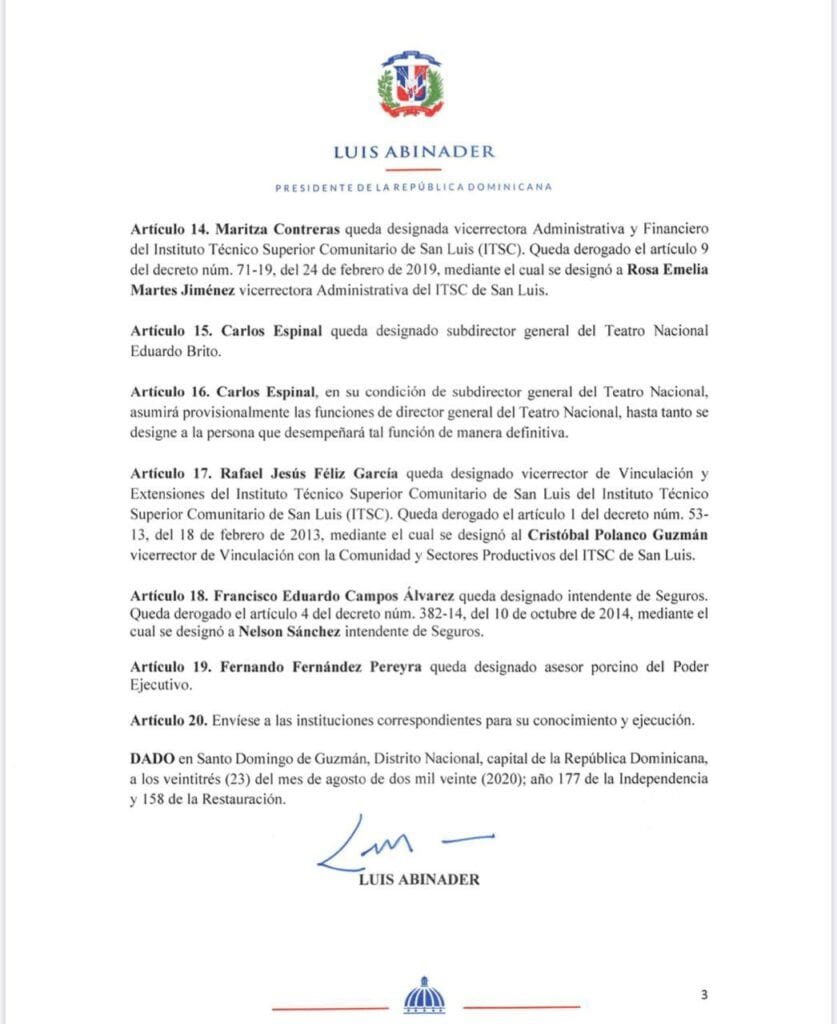 Decreto 388 20 3 Presidente Luis Abinader designa a 19 nuevos funcionarios