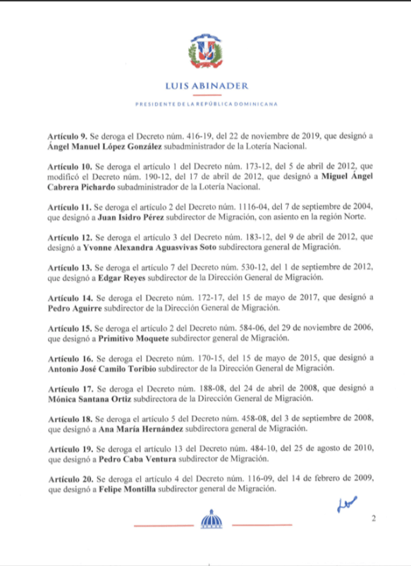Abinader quita 56 subdirectores de la Lotería Nacional, Pasaporte, CAASD y el INAVI 6 Decreto 397 20 2 Abinader quita 56 subdirectores de la Lotería Nacional, Pasaporte, CAASD y el INAVI