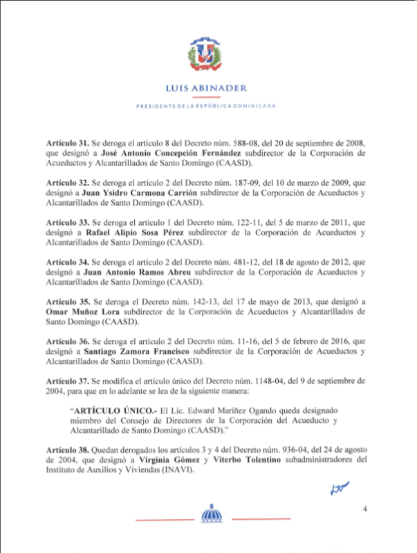 Abinader quita 56 subdirectores de la Lotería Nacional, Pasaporte, CAASD y el INAVI 8 Decreto 397 20 4 Abinader quita 56 subdirectores de la Lotería Nacional, Pasaporte, CAASD y el INAVI