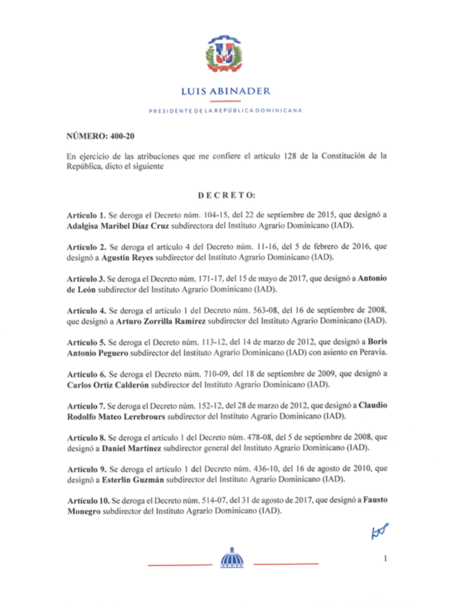 Decreto 400 20 1 Abinader cancela 2 directores y 43 subdirectores del IAD y Omsa